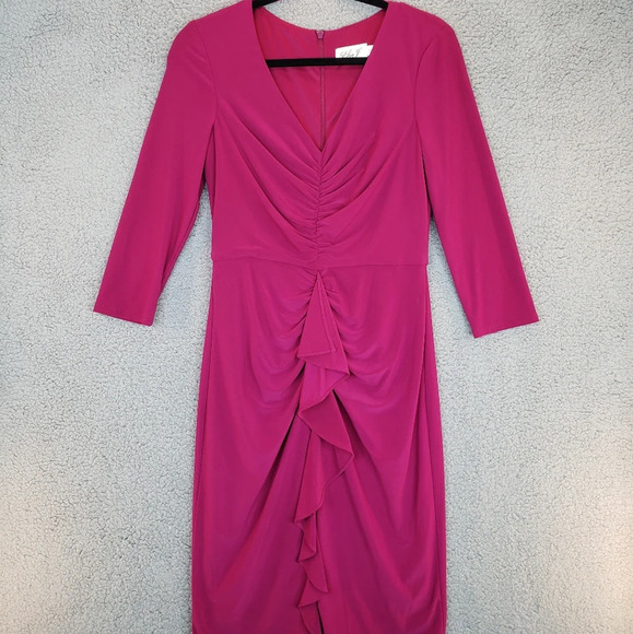 Eliza J Wine/Purple Roushing & Ruffles front Knee Length 3/4 Sleeve Dress Sz 6 - Picture 1 of 12